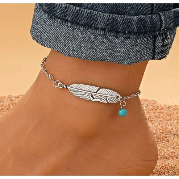 Bohemian Feather Faux Turquoise Charm Anklet Silver Tone Adjustable Beach - Picture 1 of 9